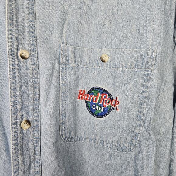 90s Hard Rock Cafe Denim Shirt Mens XL Blue St Thomas Jean Light Wash Button Up - Picture 4 of 10